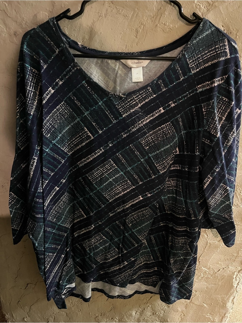 CJ Banks Navy and Teal Geometric Long Sleeve Top